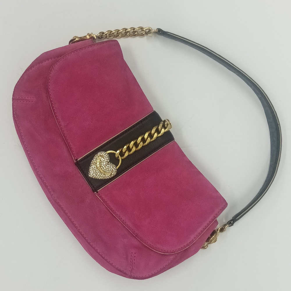 Vintage Juicy Couture Pink Suede Handbag Bag with Crystal & Gold Chain Accents